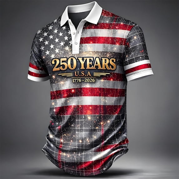 Conairie Mens 4th of July Polo Shirts Short Sleeve Button Stand Collar Patriotic Golf Shirt American Falg Print Holiday Commemorative Tops Red XL