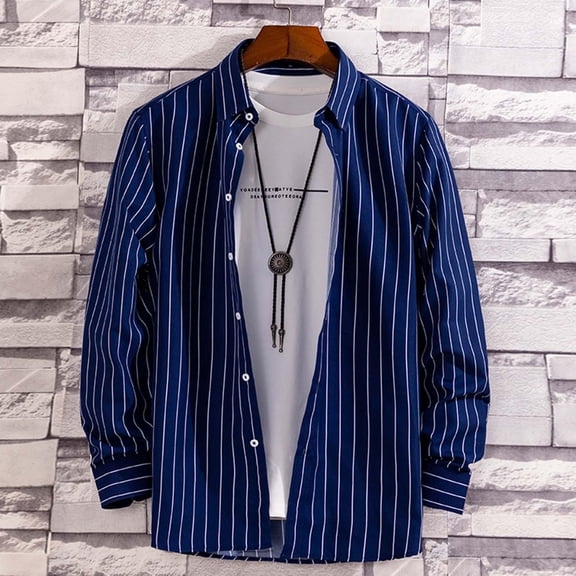 Conairie Mens Button Down Shirts Stripe Collar Casual Loose Shirt Long Sleeve Dress Blouse Dark Blue L