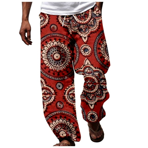 Conairie Mens Dress Pants Slim Fit Printed Mid Waisted Dashiki Traditional Style Trouser Hawaii Holiday Beach Floral Pants Travel Hiking Fall Pants with Pockets Red S