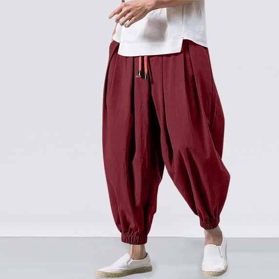 Conairie Mens Hop Harem Pants Fashion Solid Color Oversized Tapered Pants Casual Comfy Elastic Drawstring Baggy Trouser Red XXXL