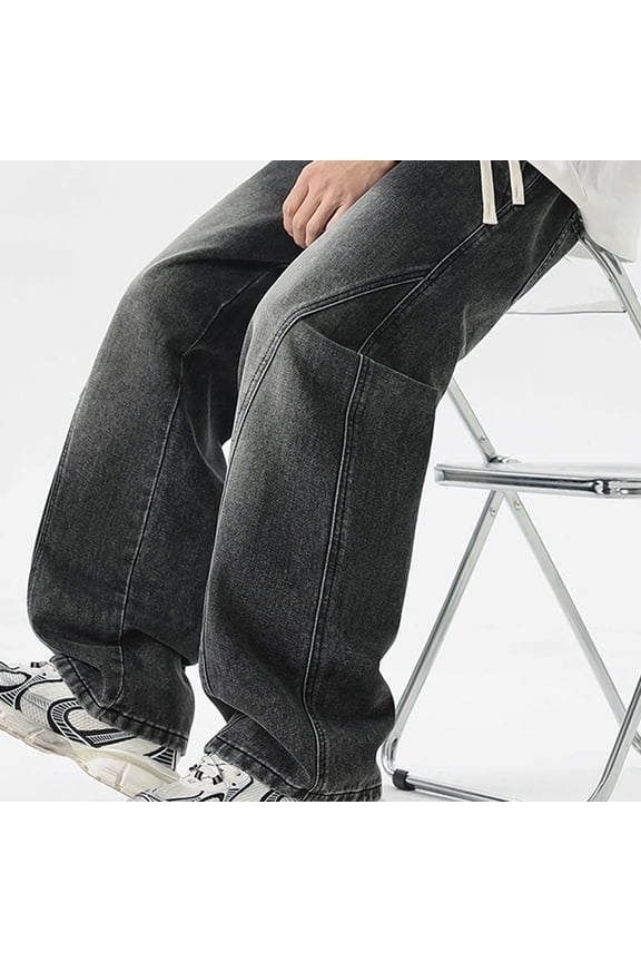 Mens Jeans Regular Fit Elastic Waist Denim Pants Fashion Solid Comfy Lightweight Workwear Classic Jeans Trousers Grey XXL