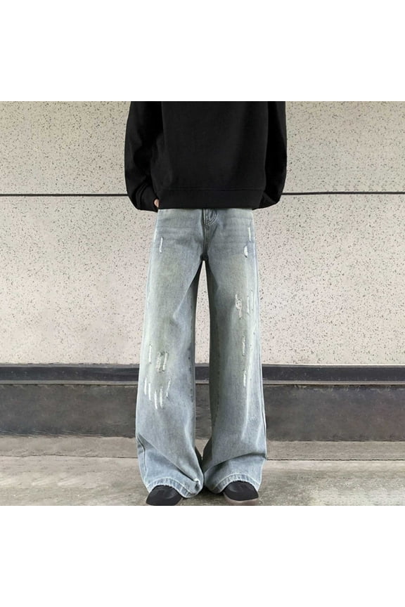 Mens Jeans Regular Fit Elastic Waist Denim Pants Vintage Solid Comfy Lightweight Outdoor Hiking Pants With Pocket Blue L