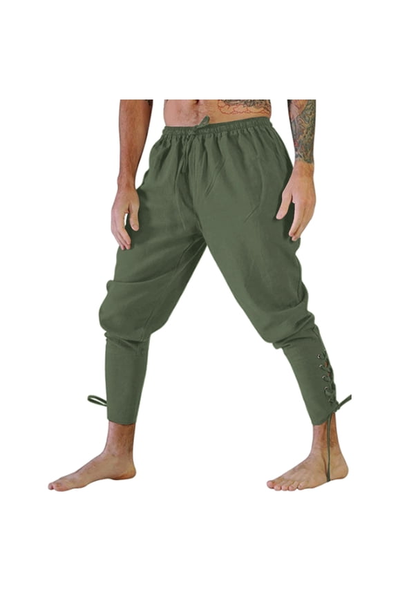 Mens Medieval Ankle Pants Loose Fit Elastic Renaissance Viking Pirate Lace Up Tapered Linen Costume Capris Green M