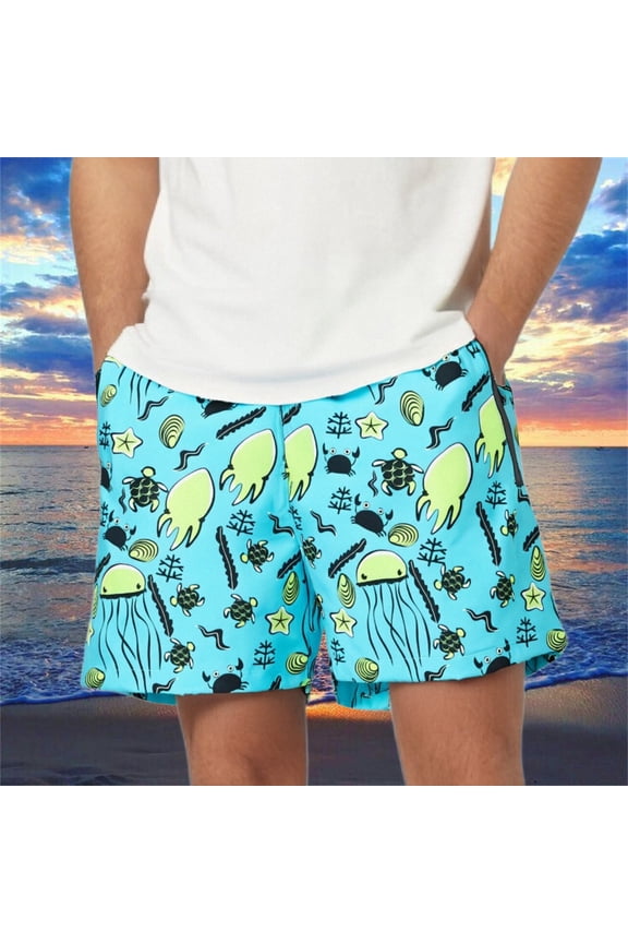 Mens Swim Trunks Graphic Print Stretch Quick Dry Swimsuit Board Shorts Beach Comfortable Bathing Suit Bottom With Drawstring Light Blue L