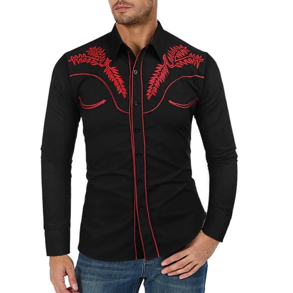 Conairie Mens Western Cowboy Shirts Slim Fit Long Sleeve Button Down Shirts Retro Embroidered Country Costume Dress Shirts Black S
