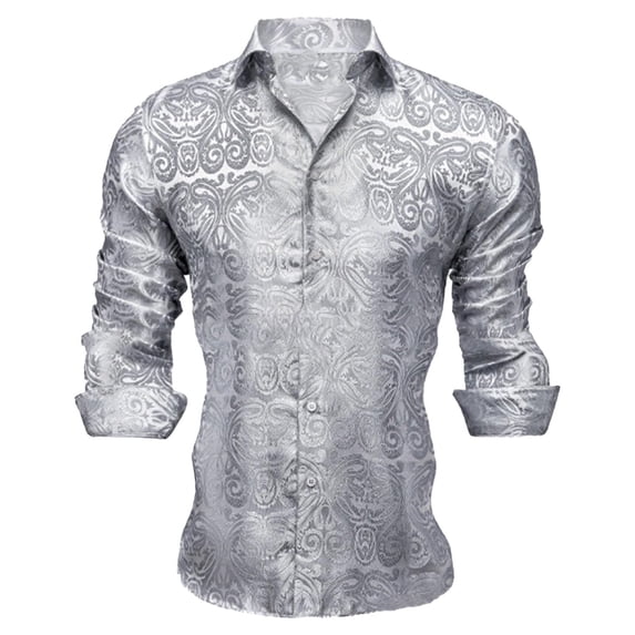 Conairie Mens Western Shirts Cowboy Embroidered Button Collar Long Sleeve Shirt Regular Fit Casual Blouse With Floral Design Silver XL