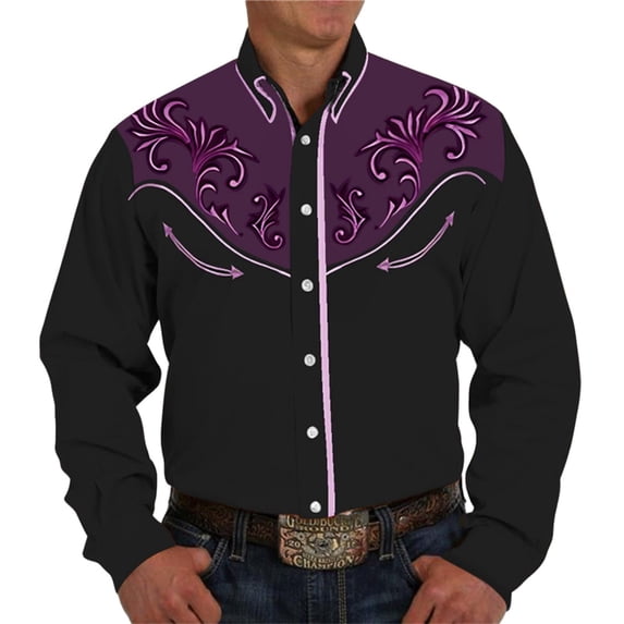 Conairie Mens Western Shirts Embroidered Cowboy Button Collar Long Sleeve Shirt Retro Business Casual Tops With Floral Design Purple XXXL