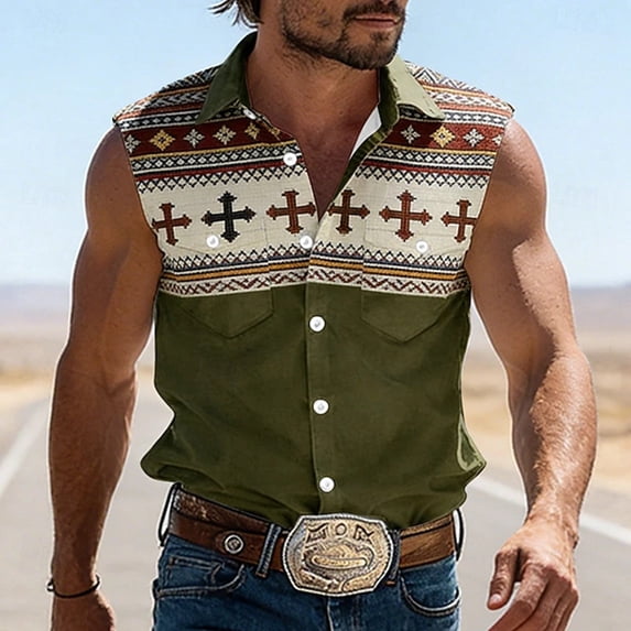 Conairie Mens Western Shirts Embroidered Cowboy Button Collar Sleeveless Shirt Regular Fit Classic Basic Tee With Floral Design Army Green L
