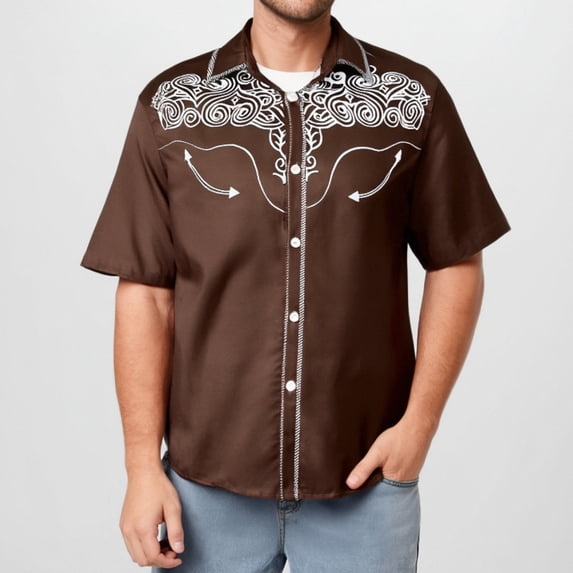 Conairie Mens Western Shirts Short Sleeve Button Collar Cowboy Embroidered Shirt Retro Business Casual Tee With Floral Design Brown XXL