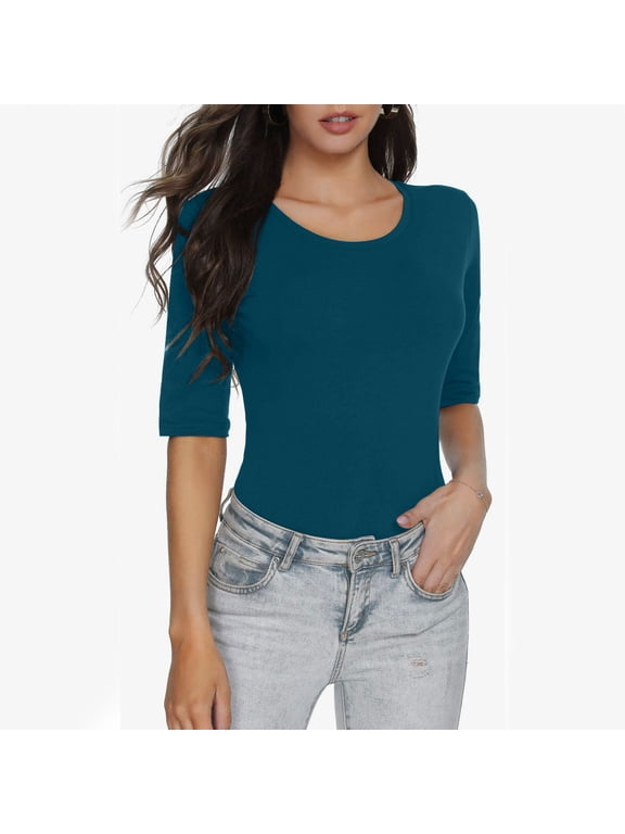 Mid Sleeve Tops For Women Slim Solid Color Crew Neck Elbow Length T Shirts Trendy Summer Spring Tee Outfits L