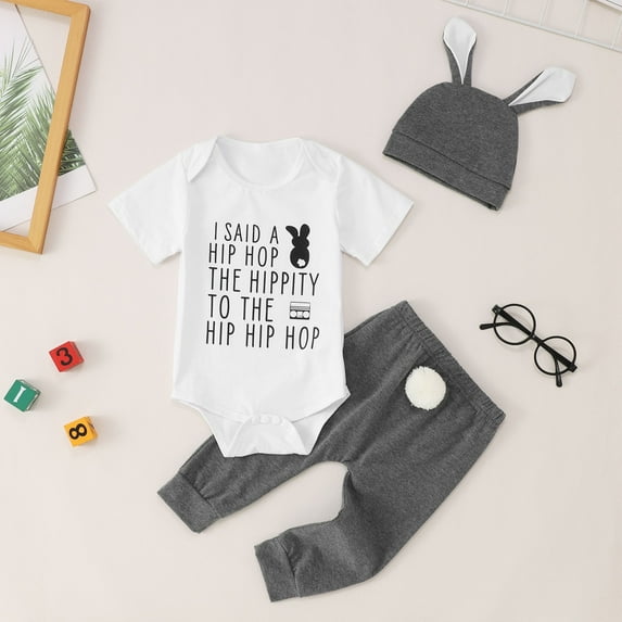 Conairie Newborn Baby Boy Easter Outfit Letter Short Sleeve Romper Bunny Carrot Long Pants Hat 3PCS Set Infant Spring Outfits White 6 M-12 M
