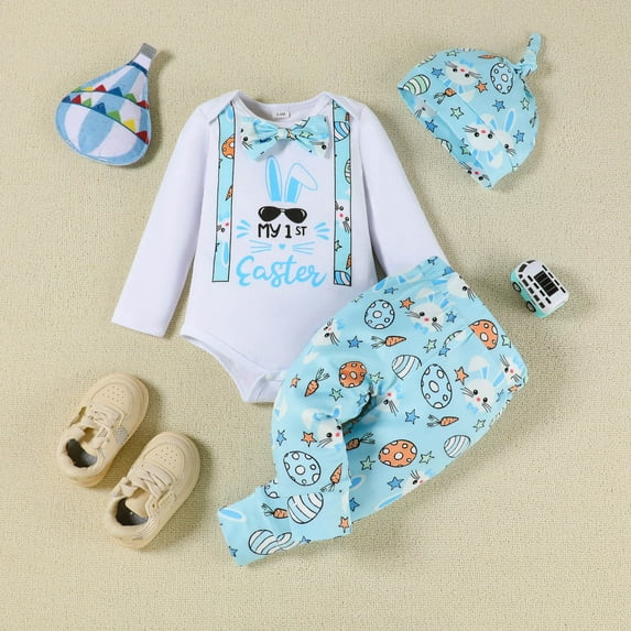 Conairie Newborn Baby Girls Boys Easter Day Clothes Set Short Sleeve Rabbit Romper Long Pants Hat My First Easter Outfits 3PCS Set White 9 M-12 M