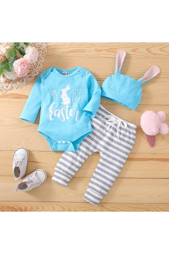 Newborn Baby Girls Boys Easter Outfits My 1st Easter Romper Bodysuit Stripe Bunny Pants Hat 3PCS Clothes Set A 9 M-12 M