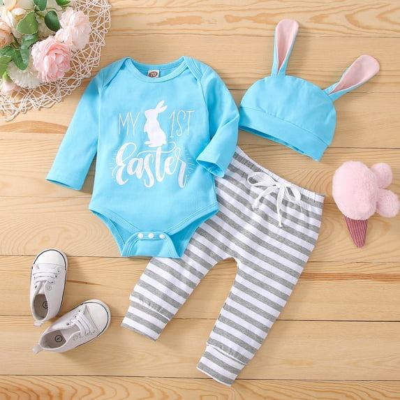 Conairie Newborn Baby Girls Boys Easter Outfits My 1st Easter Romper Bodysuit Stripe Bunny Pants Hat 3PCS Clothes Set A 9 M-12 M
