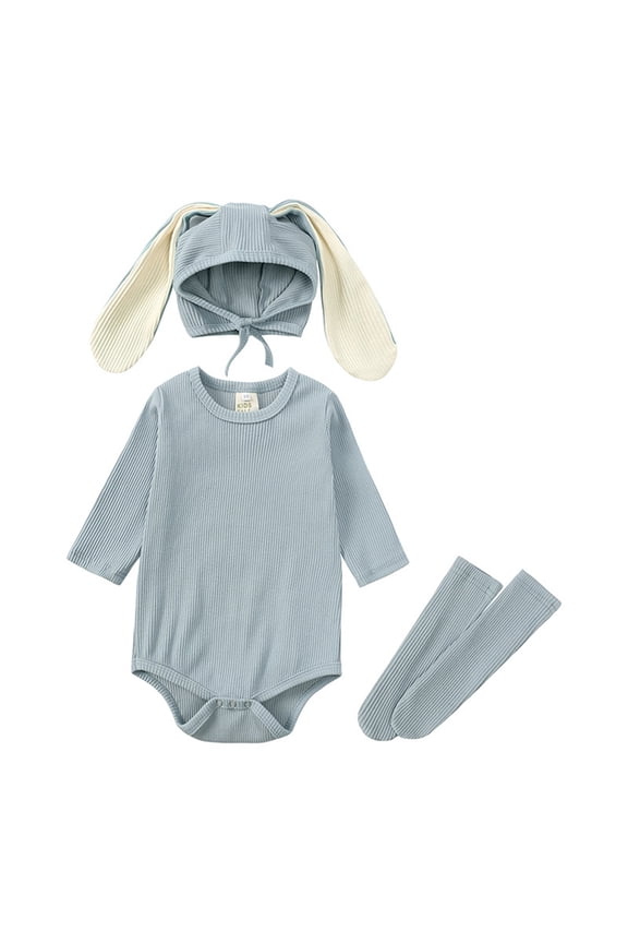Baby Boys Girls Easter Outfits Bunny Outfits Bodysuit Romper with Ribbed Ear Hat Sock Clothes Gift 3pc Set Blue 0 M-3 M