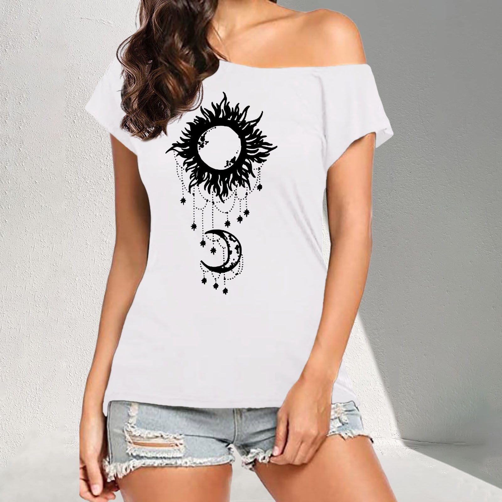 Conairie Off The Shoulder Tops For Women Graphic Print Loose Short ...