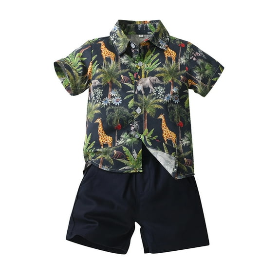 Conairie Outfit Set 2 Piece for Boy Collar Button Down Short Sleeve Shirt and Shorts Kids Cute Cartoon Print Summer Soft Loungewear Clothes Set Navy 12-18 M