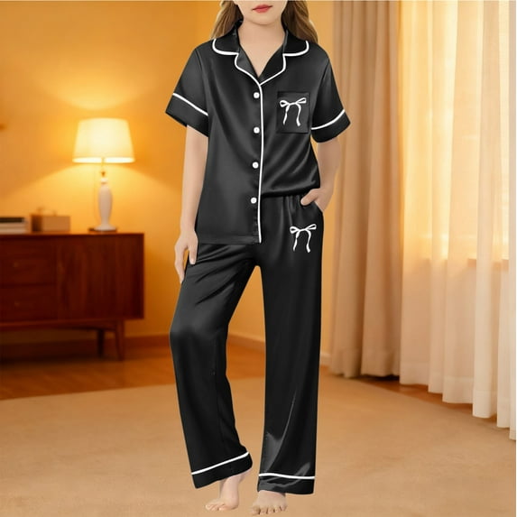 Conairie Outfit Set Girl Satin Silk Bow Print Short Sleeve Button Collar Top and Pants Pj Set Kids Loungewear Soft Two Piece Sleepwear Sets Black 3-4 Y