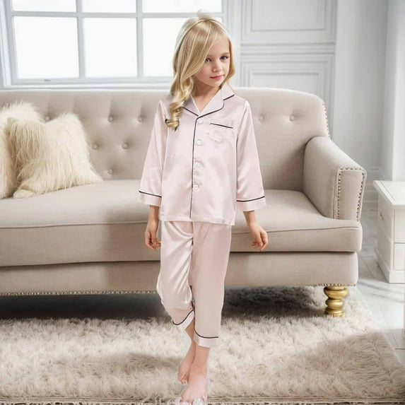 Conairie Outfit Set Girl Solid Long Sleeve Button Collar Top and Pants Pj Set Kids Soft Loungewear Two Piece Sleepwear Sets Beige 2-3 Y
