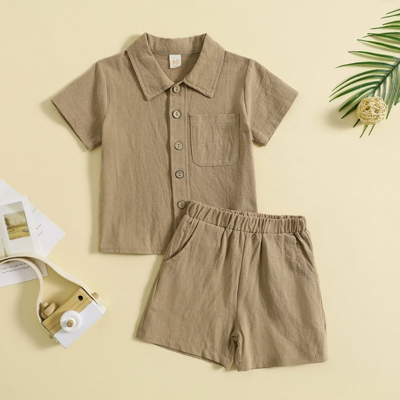 Conairie Outfits Set 2 Piece for Boys Collar Button Down Short Sleeve Shirt and Shorts Kids Cute Solid Comfortable Classic Basic Clothe Set with Pocket Coffee 2-3 Y