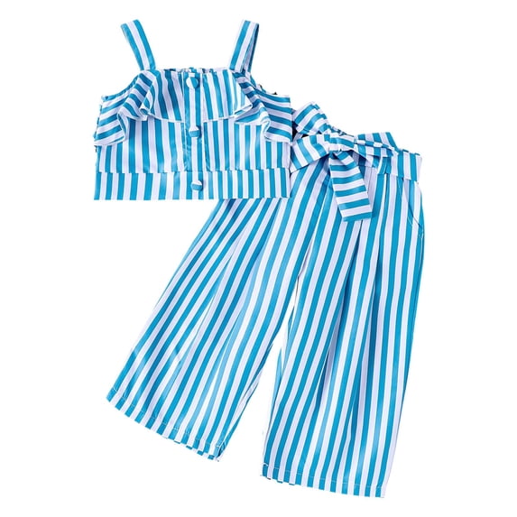 Conairie Outfits Set Three Piece for Girls Summer Striped Print Camisole Top and Striped Long Pants With Belt Set Casual Boho Clothes Set Blue 6-12 M
