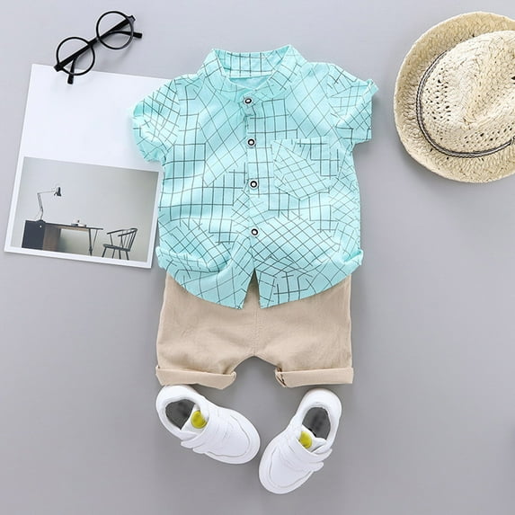 Conairie Outfits Set Two Piece for Boys Collar Short Sleeve Button Down Shirt and Shorts Kids Cute Solid Versatile Summer Soft Loungewear Clothe Set Light Green 110-XL