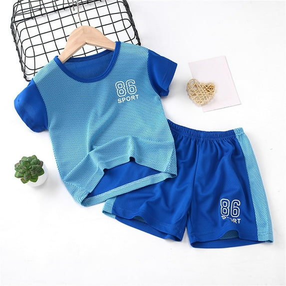 Conairie Outfits Set Two Piece For Boys Solid Color Regular Fit Short Sleeve Shirt And Shorts Breathable Summer Soft Loungewear Clothes Set Blue 11-12 Y