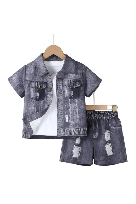 Outfits Set Two Piece for Boys Ripped Design Short Sleeve Shirt and Shorts Set Casual Summer Trendy Distressed Style Clothes Set Grey 3-5 Y