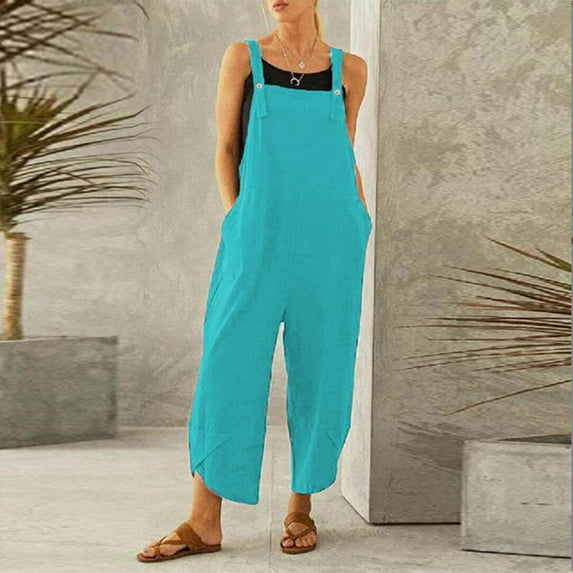 Conairie Overalls For Womens Solid Color Casual Beach Vacation Trendy Jumpsuits Wide Leg Pants With Pockets Sky Blue XXXXL