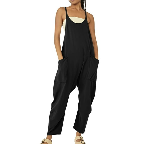 Conairie Overalls For Womens Solid Color Loose Fit Beach Vacation Trendy Jumpsuits Wide Leg Pants With Pockets Black L