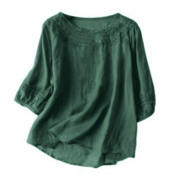 Conairie Oversized T Shirts for Women Casual Floral Embroidered 3/4 Sleeve T Shirts Solid Color Lightweight 2025 Fall Blouses Pullover Outfits Green L