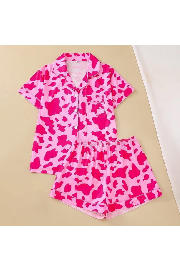 Pajama Sets for Women Valentine Leopard Print Cozy Button Down Shirt And Shorts Pj Set Sleepwear Soft 2 Piece Outfits Loungewear Sets Red S