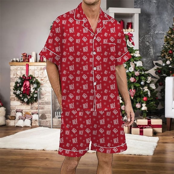 Conairie Pajamas Set for Men Two Piece Short Sleeve Collared Button Top And Loose Pants Sleep Pajama Lightweight Sleepwear with Pockets Hot Pink L