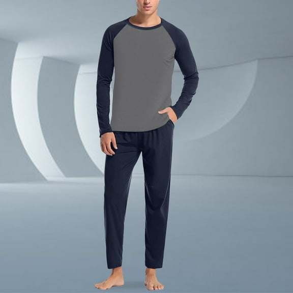 Conairie Pajamas for Men Set Two Piece Long Sleeve Crew Neck Top And Pants Sleep Pajama Lightweight Loungewear with Pockets Navy L