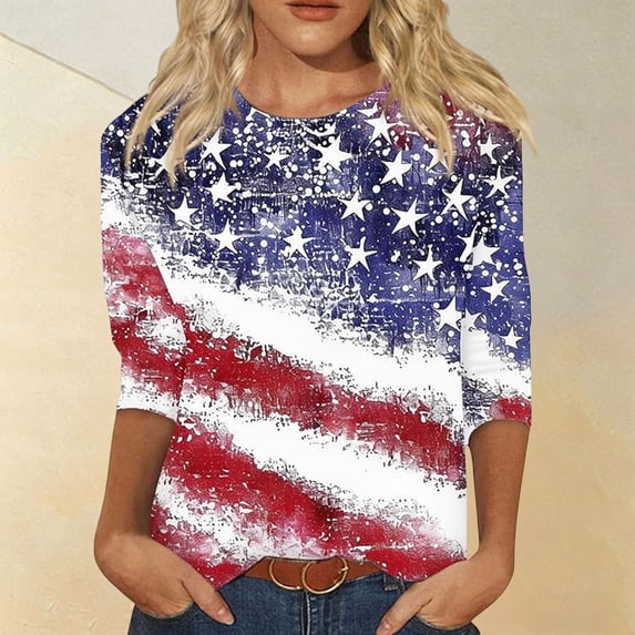 Conairie Patriotic Shirts For Womens 3/4 Sleeve Crew Neck Loose 4th of July T Shirt With American Falg Print Basic Work Tee Vacation Clothes Red S