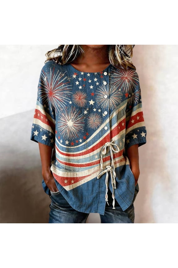Patriotic T Shirts For Women Loose Short Sleeve Crew Neck 4th of July Shirt With Flag Stars Stripes Holiday Commemorative Tops Blue L