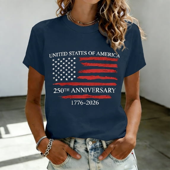 Conairie Patriotic T Shirts For Women Relaxed Fit Crew Neck Short Sleeve 4th Of July Shirt With Letter Print Basic Work Tee Vacation Clothes Navy S