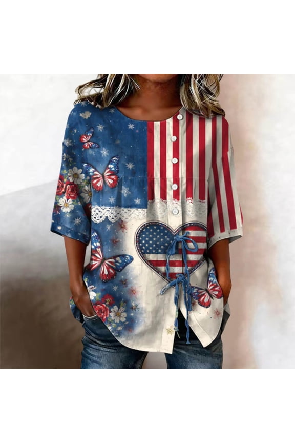 Patriotic T Shirts For Women Relaxed Fit Crew Neck Short Sleeve 4th of July Shirt With American Falg Print Holiday Commemorative Tops Wine L