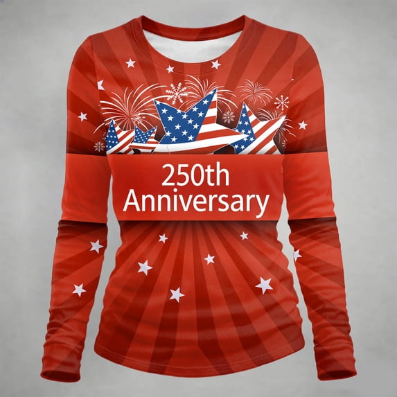 Conairie Patriotic T Shirts For Womens Relaxed Fit Crew Neck Long Sleeve 4th of July Shirt With Letter Print Holiday Commemorative Tops Red L