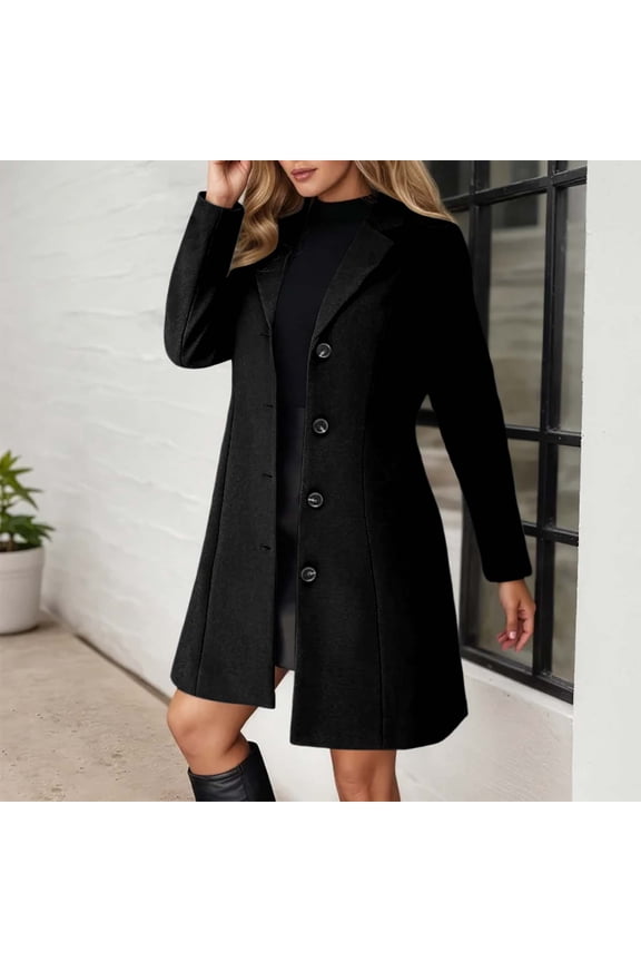 Pea Coat for Womens Notch Lapel Single Elegant Warm Trench Wool Coat 2025 Fall Winter Mid Long Overcoat Jacket Black L