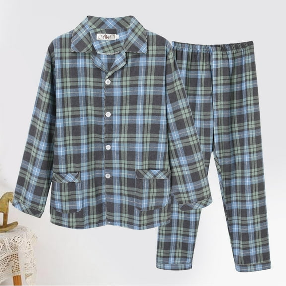 Conairie Plaid Pajamas for Men Set Two Piece Long Sleeve Collared Button Top And Pants Sleep Pajama Sleepwear Loungewear with Pockets Green XL