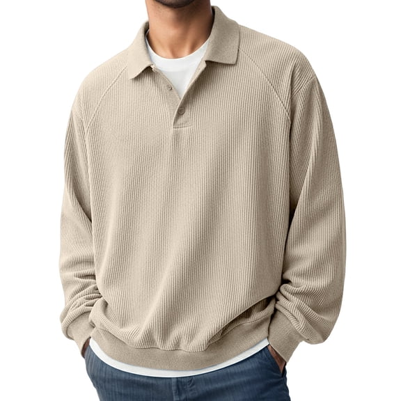 Conairie Polo Shirts for Men Long Sleeve Fall Henley Waffle Lapel Quarter Button Polo Shirt Casual Striped Loose Fit Sweat Tops Khaki L