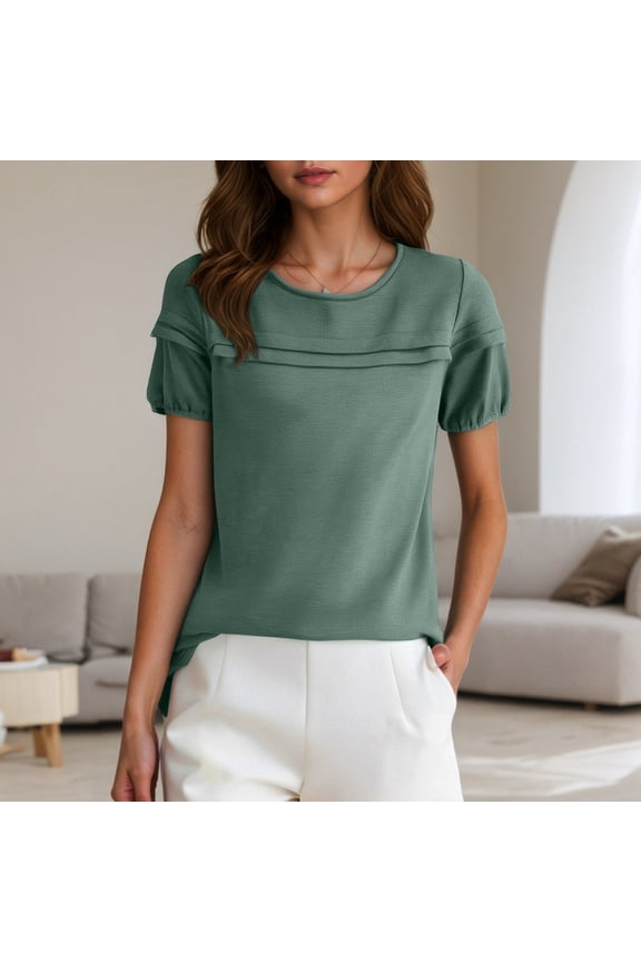 Puff Sleeve Tops For Womens Solid Loose Crew Neck T Shirts Lightweight Soft Basic Blouses Vacation Clothes Green XXL