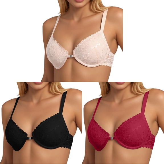 Conairie Push up Bras for Women 3 Pack Front Closure Seamless Bras Lace Padded Underwire Comfort Wireless Bra