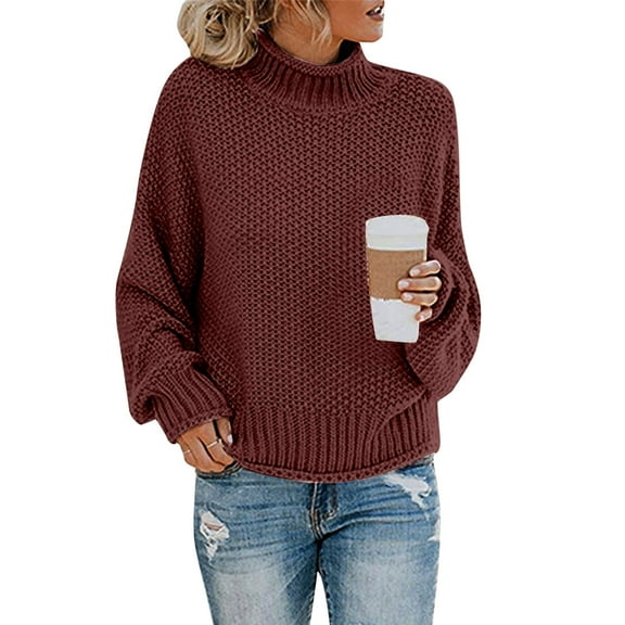 Conairie Ribbed Knit Sweaters for Women Thick Thread High Neck Sweaters Fashion Solid Color Fall Long Sleeve Pullovers Top Winter Clothes Red