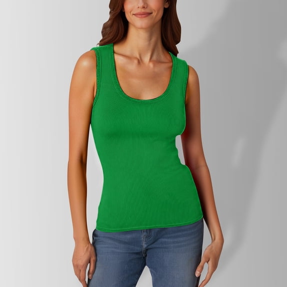 Conairie Ribbed Tank Tops For Women Scoop Neck Sleeveless Stretchy Ribbed Knit Basic Blouses Solid Color Summer Casual Tee Green S