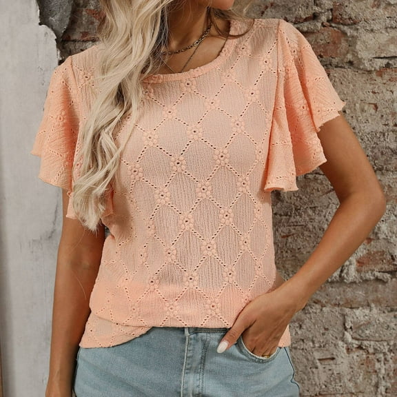 Conairie Ruffle Sleeve Tops For Women Solid Slim Crew Neck T Shirts Breathable Soft Basic Work Tee Vacation Clothes Orange S