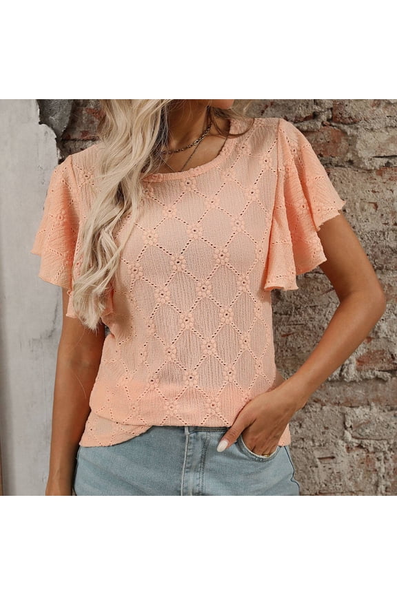 Ruffle Sleeve Tops For Women Solid Slim Crew Neck T Shirts Breathable Soft Basic Work Tee Vacation Clothes Orange S