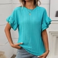 thumbnail image 1 of Conairie Ruffle Sleeve Tops For Womens Solid Loose Crew Neck T Shirts Comfy Soft Basic Blouses Vacation Clothes Sky Blue L, 1 of 7