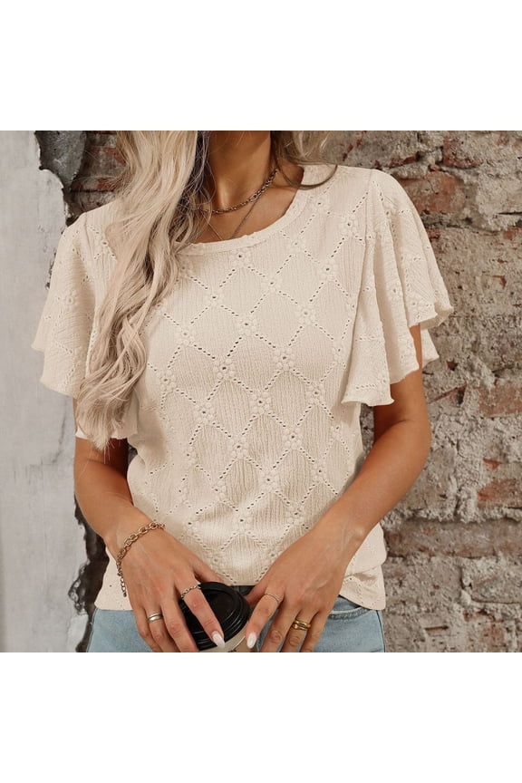 Ruffle Sleeve Tops For Womens Solid Slim Crew Neck T Shirts Breathable Soft Basic Blouses Vacation Clothes Beige L